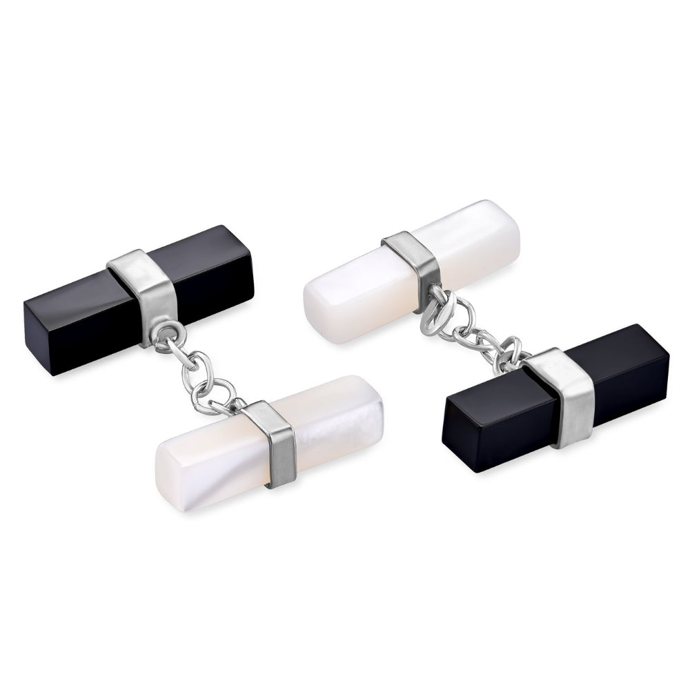 Gemelli doppi in argento onice e madreperla a barrette quadrate