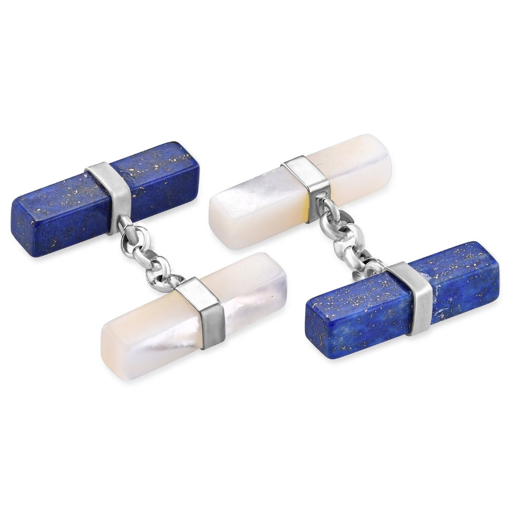 Gemelli doppi in argento madreperla e lapislazzulo a barrette quadrate