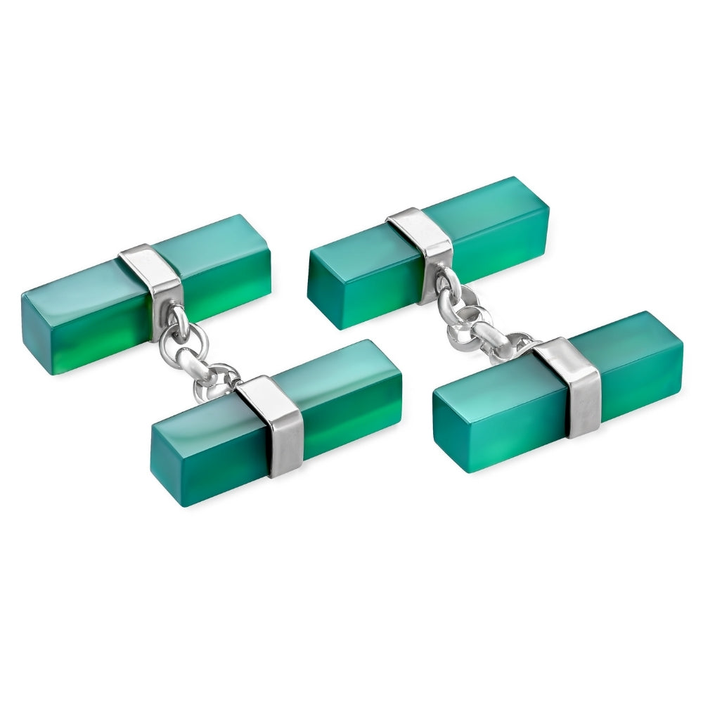 Gemelli doppi in argento agata verde a barrette quadrate